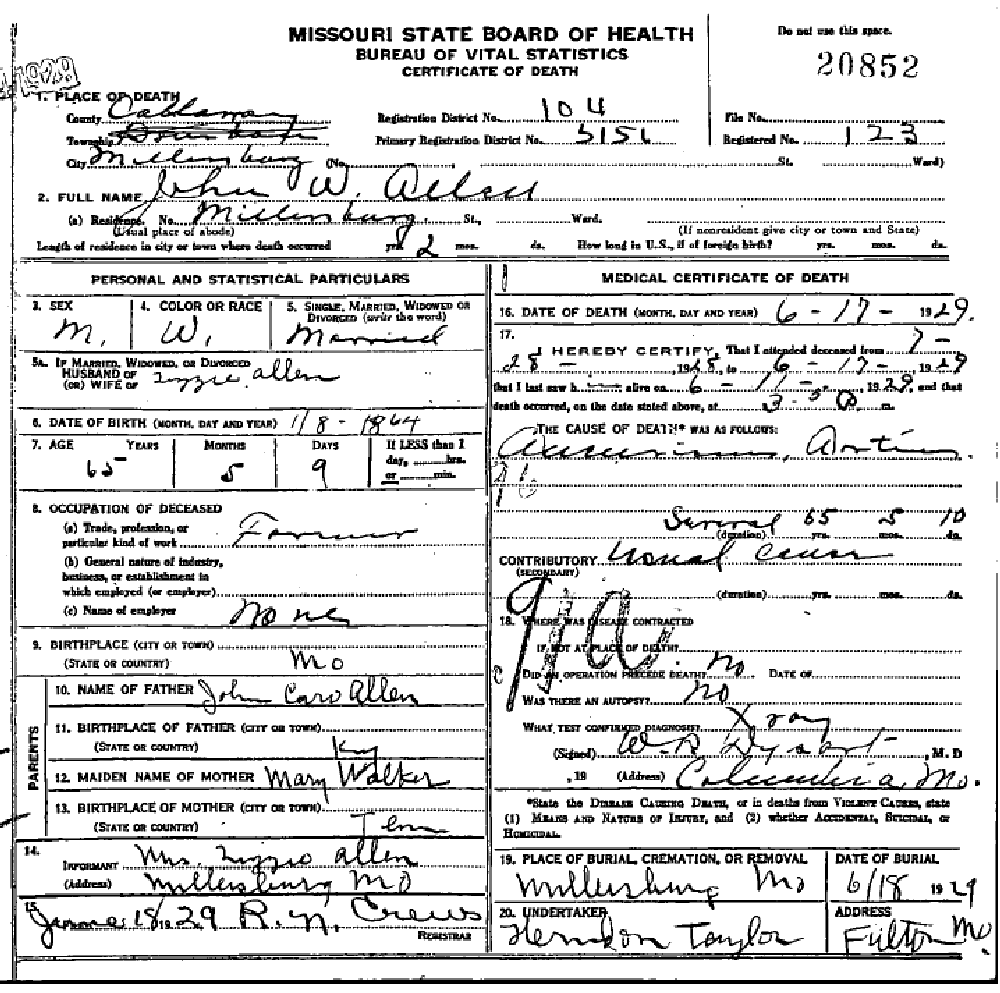 Death certificate of Allen, John Wesley
