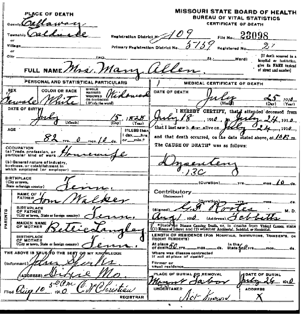 Death certificate of Allen, Mary Walker