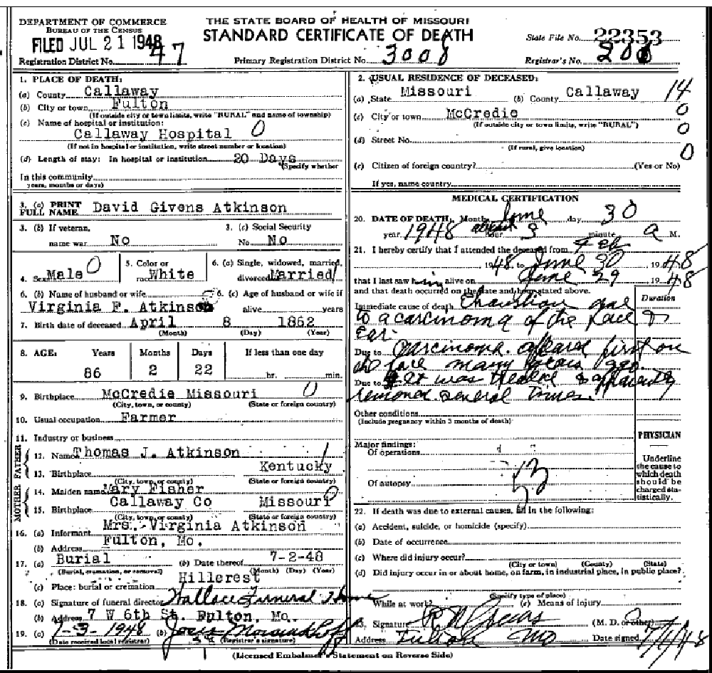 Death certificate of Atkinson, David Givens