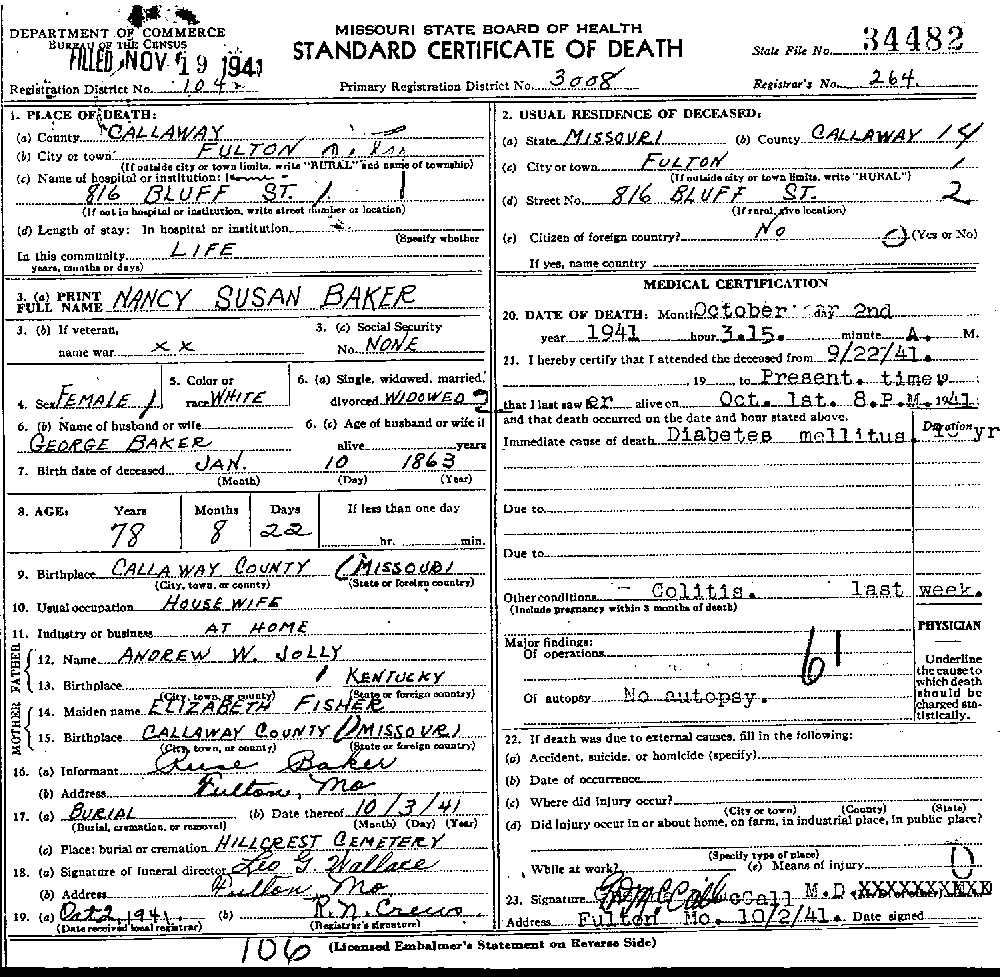 Death Certificate of Baker, Nancy Susan Jolly