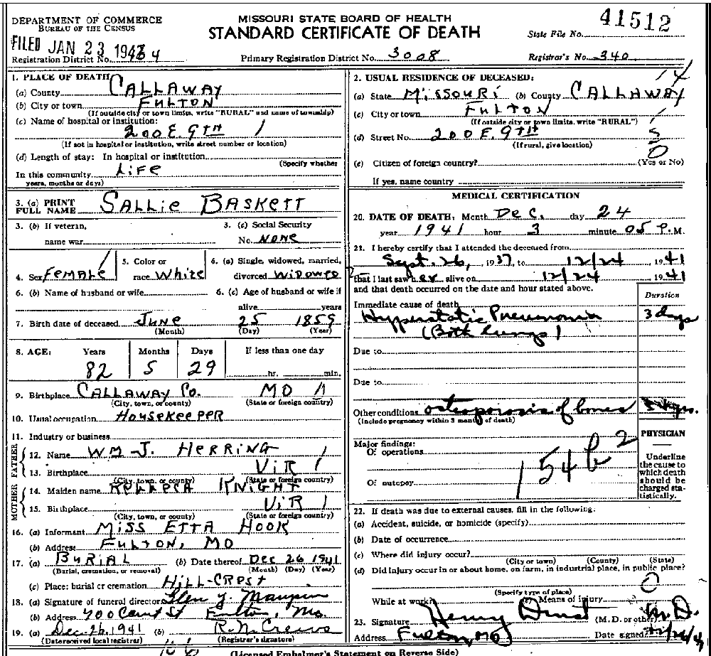 Death Certificate of Baskett, Sallie A. Herring