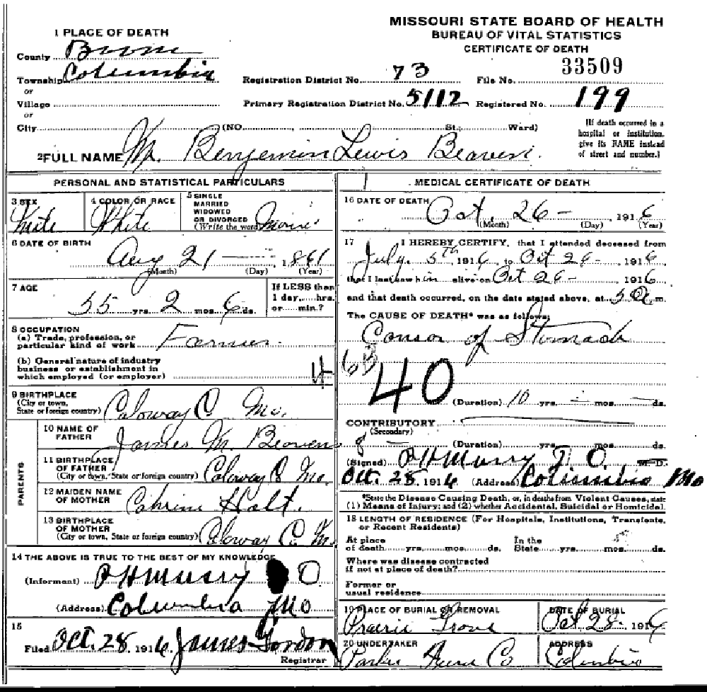 Death certificate of Beaven, Benjamin Lewis