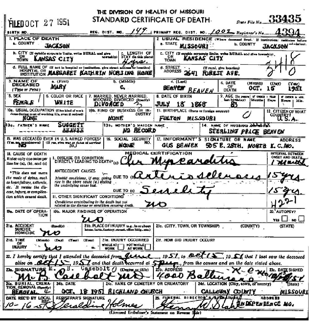 Death certificate of Beaven, Mary Christian Suggett