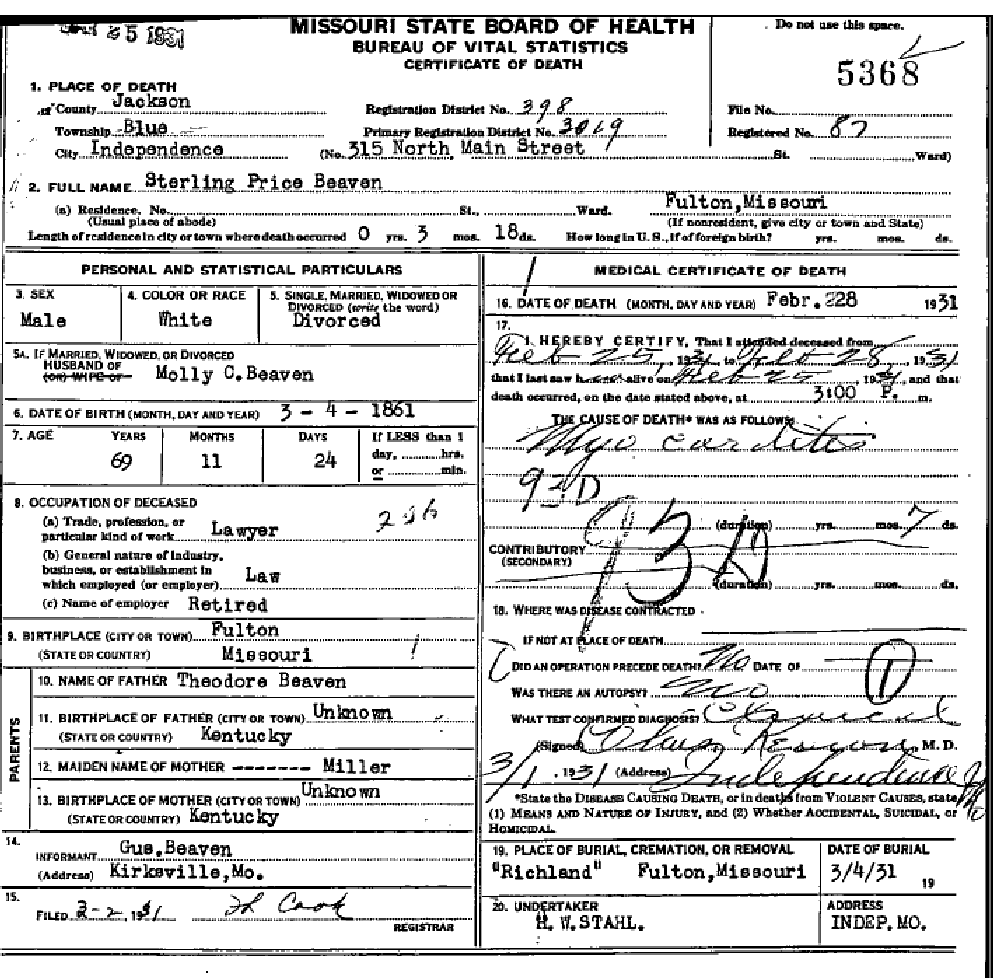 Death certificate of Beaven, Sterling Price