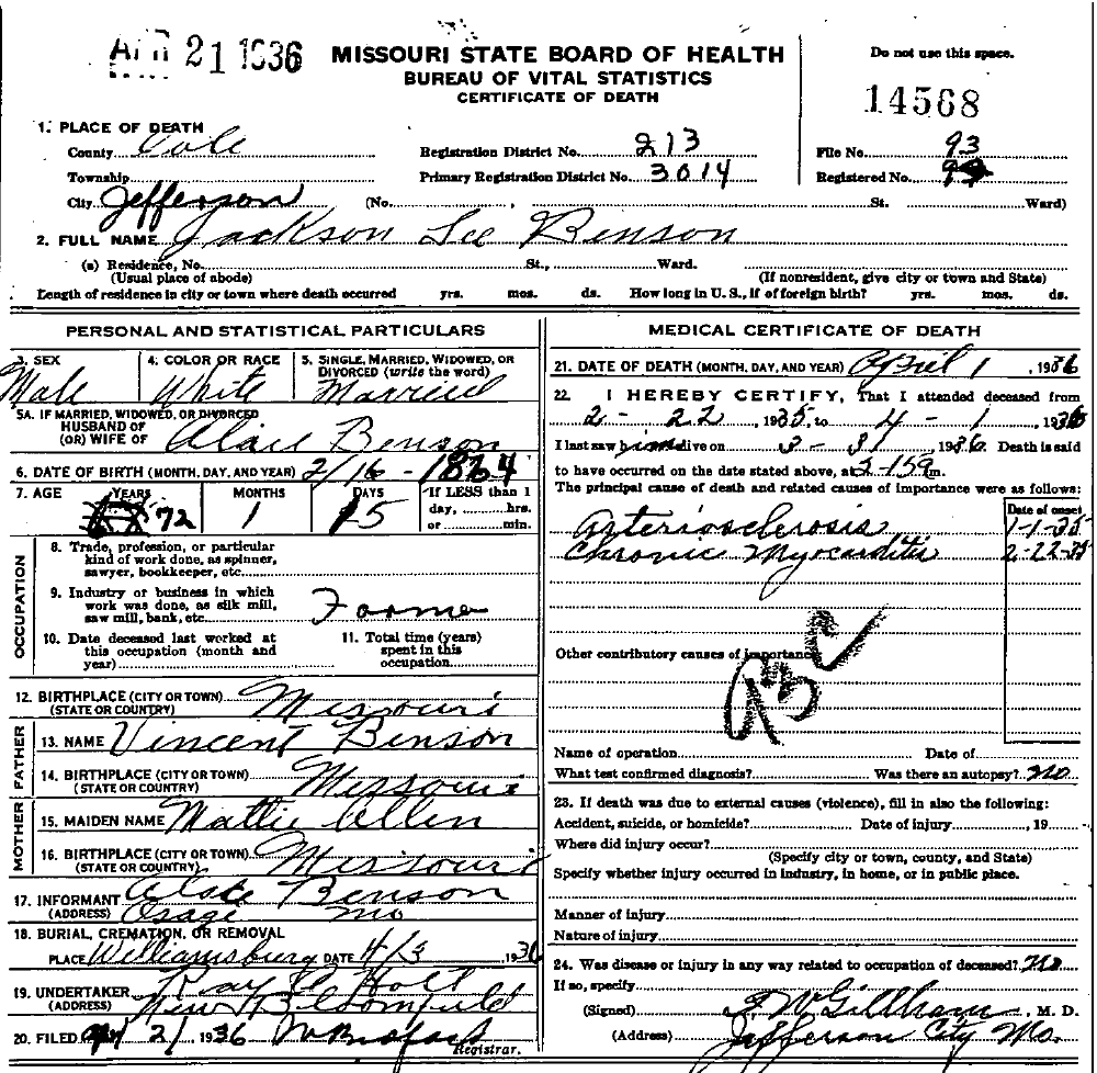 Death Certificate of Benson, Jackson Lee