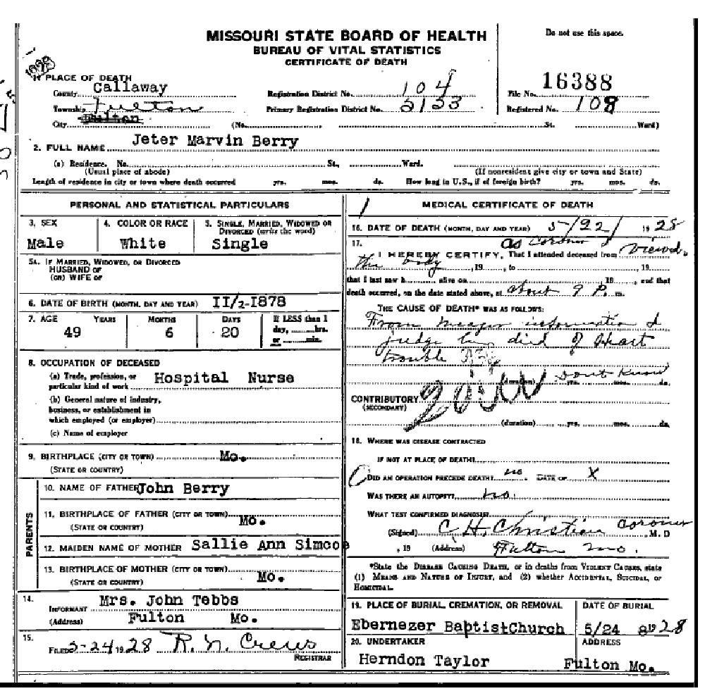 Death certificate of Berry, Jeter Marvin