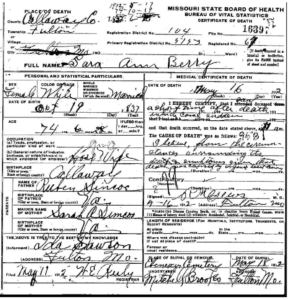 Death Certificate of Berry, Sarah Ann Simco