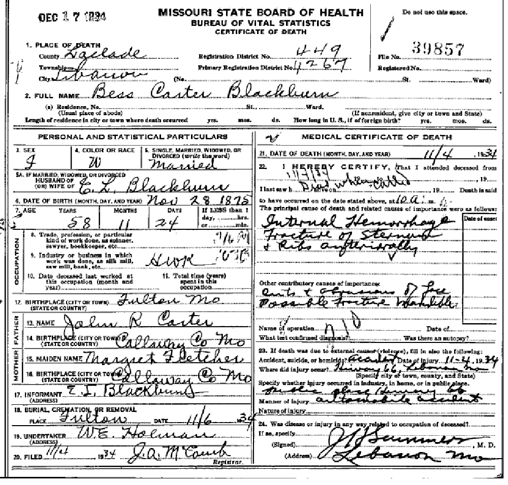 Death certificate of Blackburn, Elizabeth "Bess" Carter