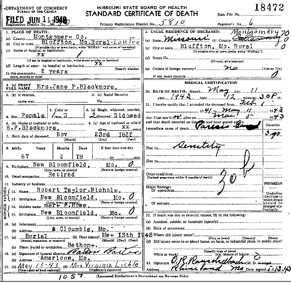 Death Certificate of Blackmore, Jane Peterson Nichols