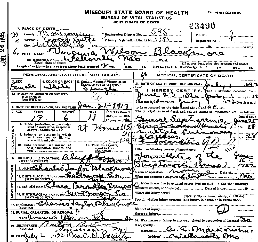 Death Certificate of Blackmore, Virginia Wilson