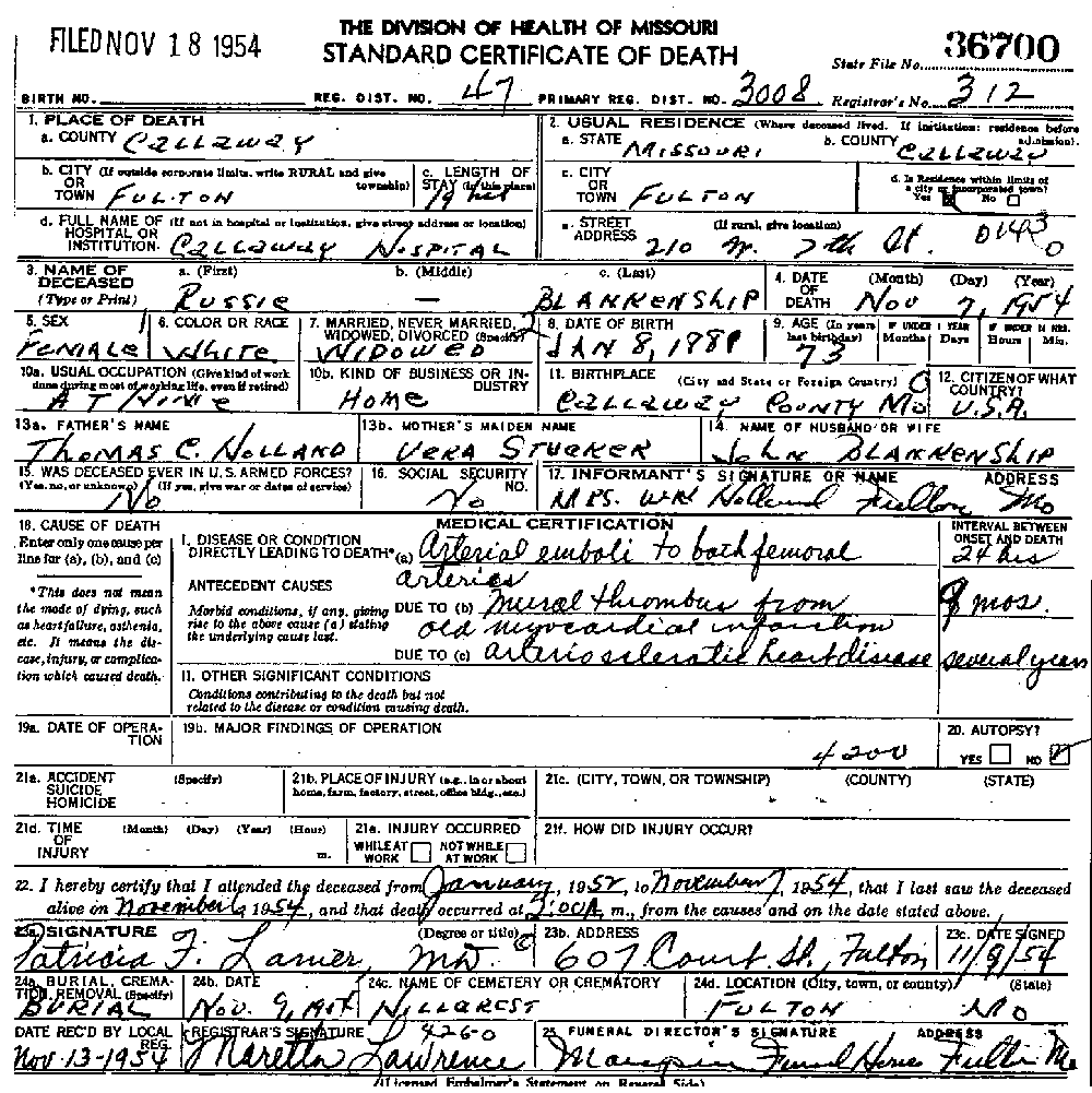 Death Certificate of Blankship, Russie Mattie Holland