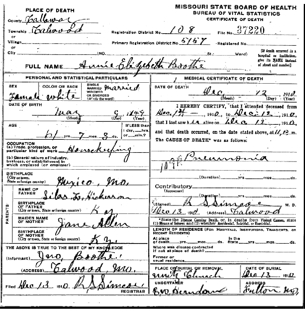 Death certificate of Booth, Annie Elizabeth Hickerson
