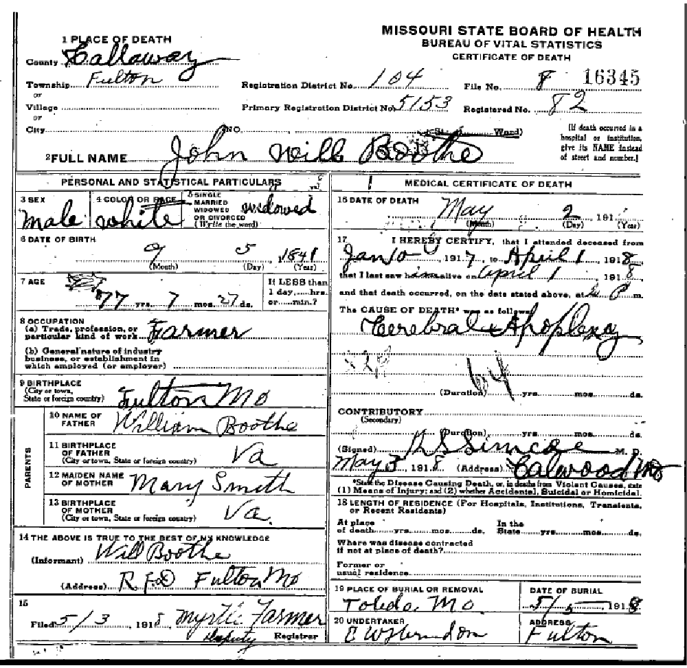 Death certificate of Booth, John William