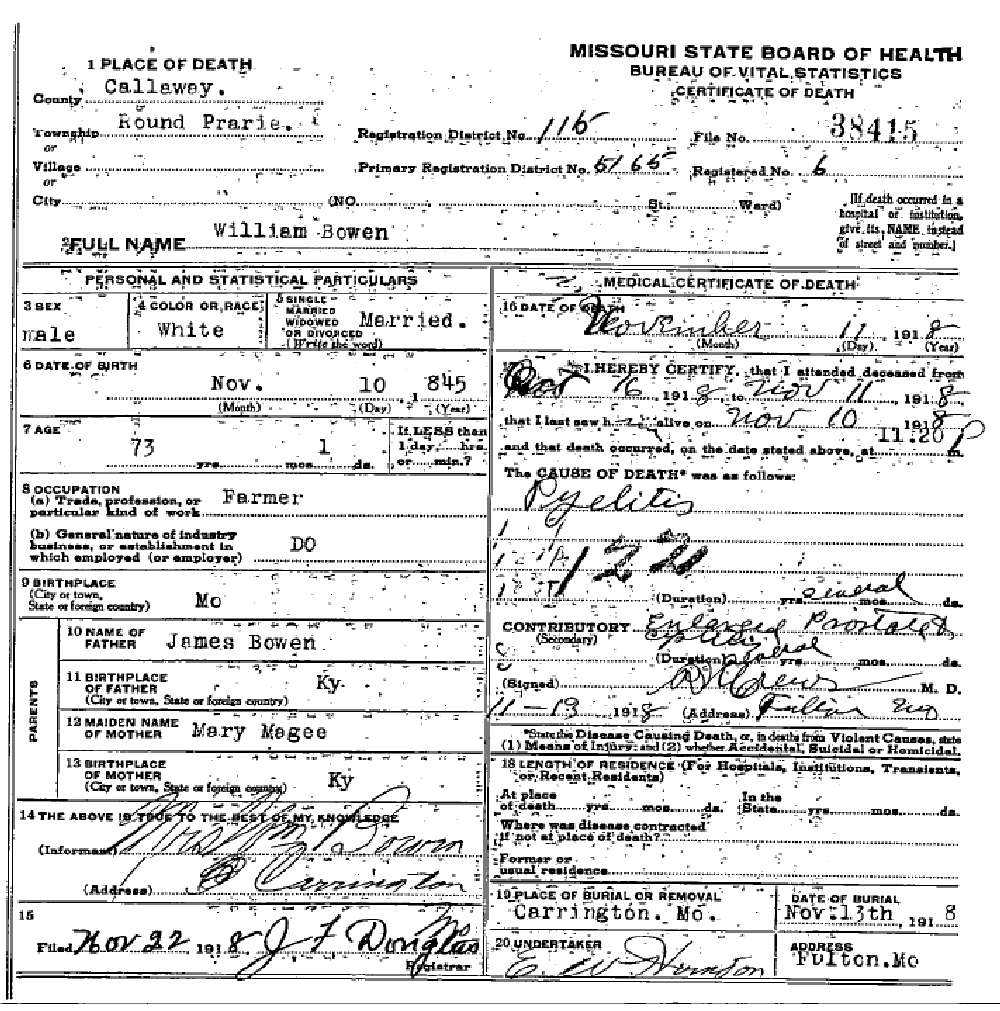 Death certificate of Bowen, William