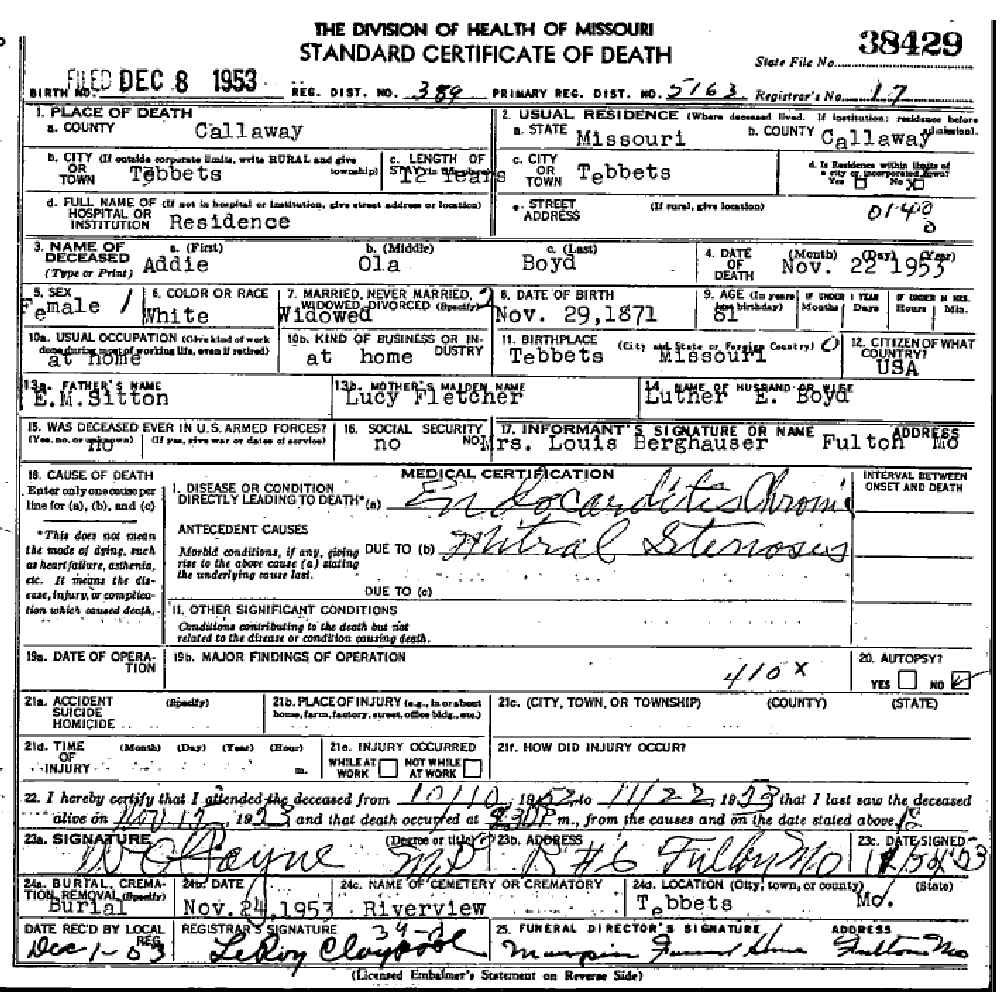 Death certificate of Boyd, Addie Ola Sitton