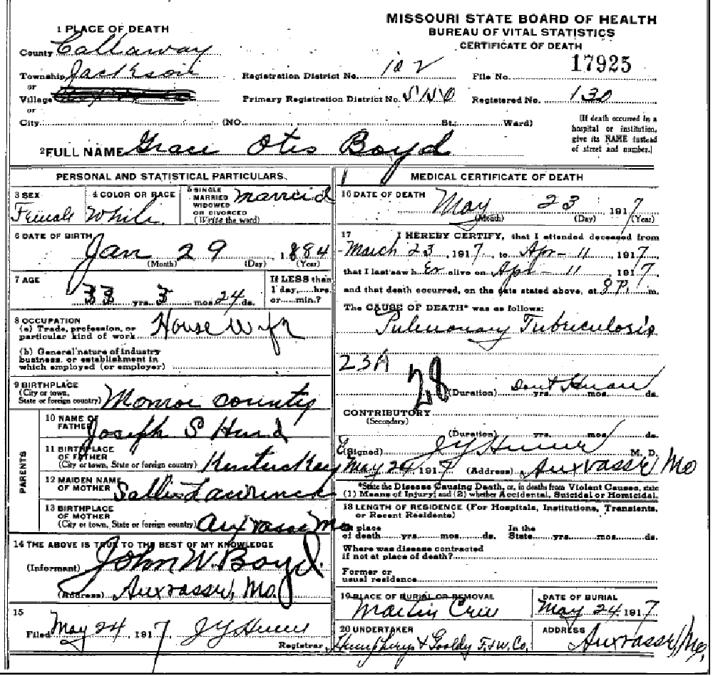 Death certificate of Boyd, Grace Otis Hurd