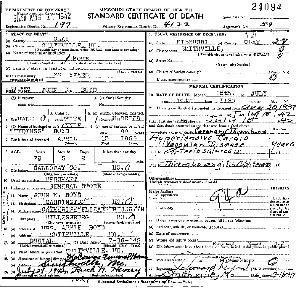 Death Certificate of Boyd, John King Jr.