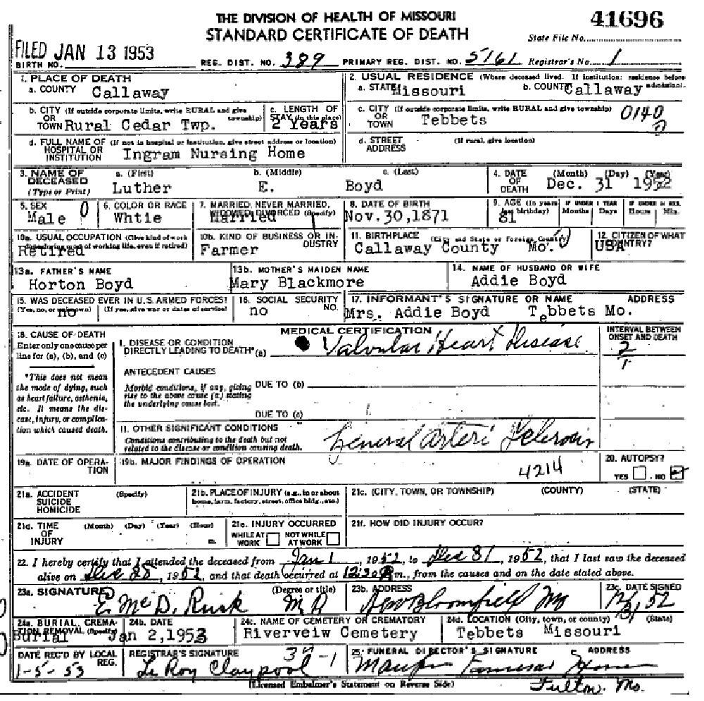 Death certificate of Boyd, Luther E.