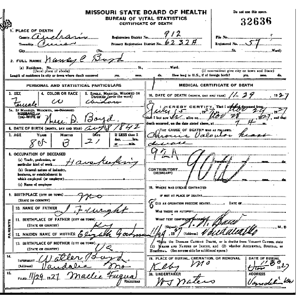 Death certificate of Boyd, Nancy Christiana Wright