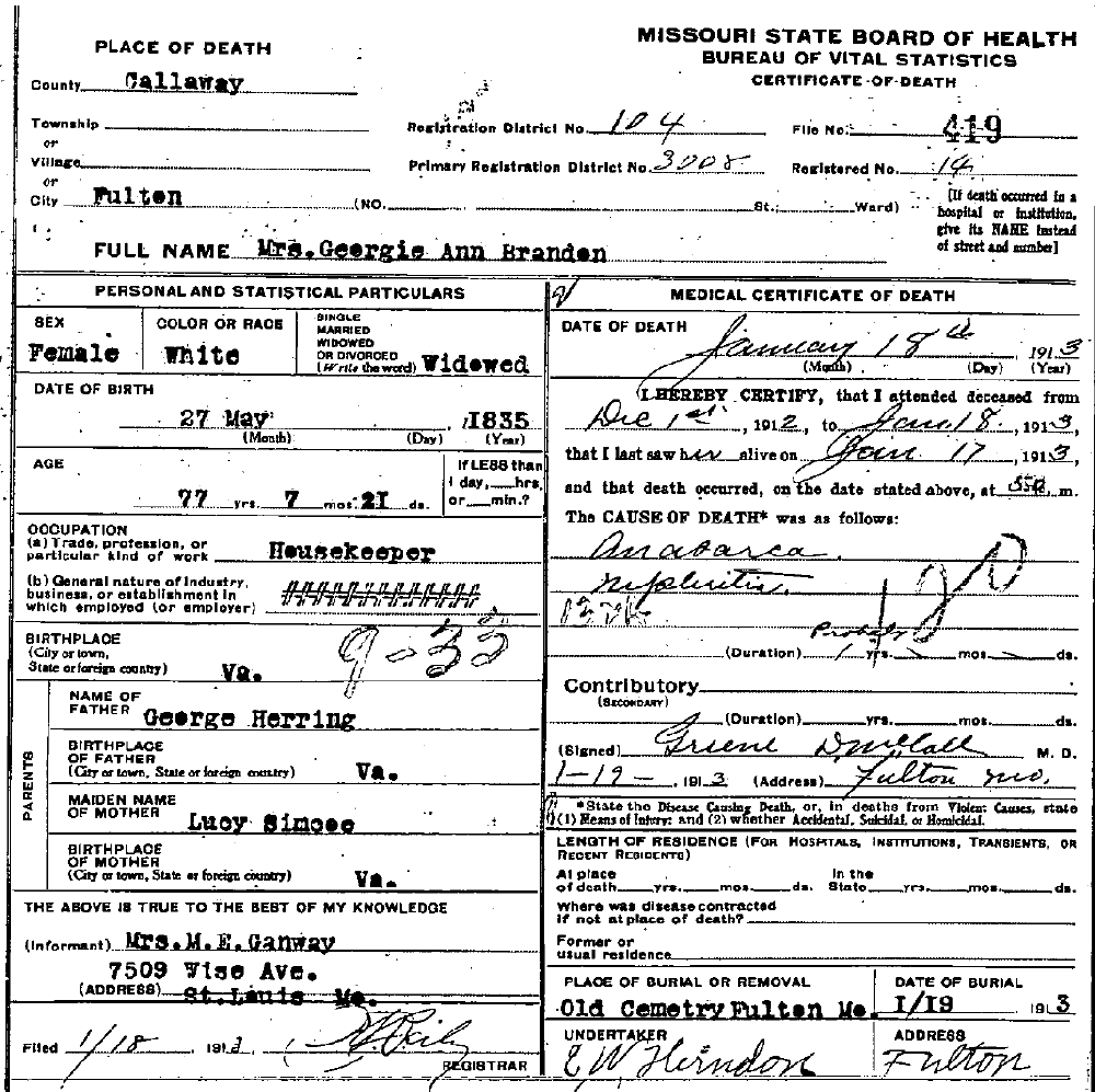 Death certificate of Brandon, Georgianna Herring