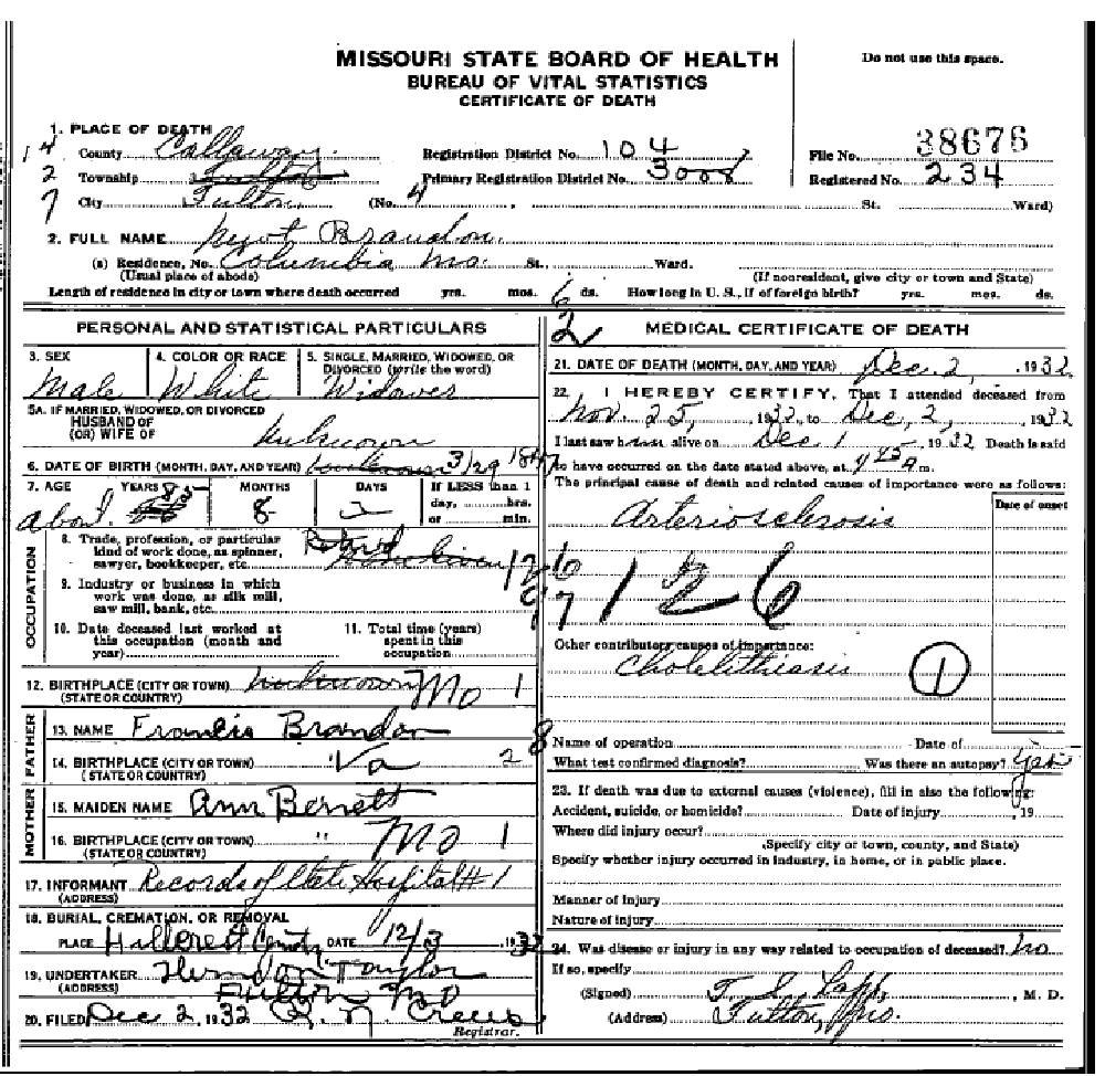 Death certificate of Brandon, James Newton