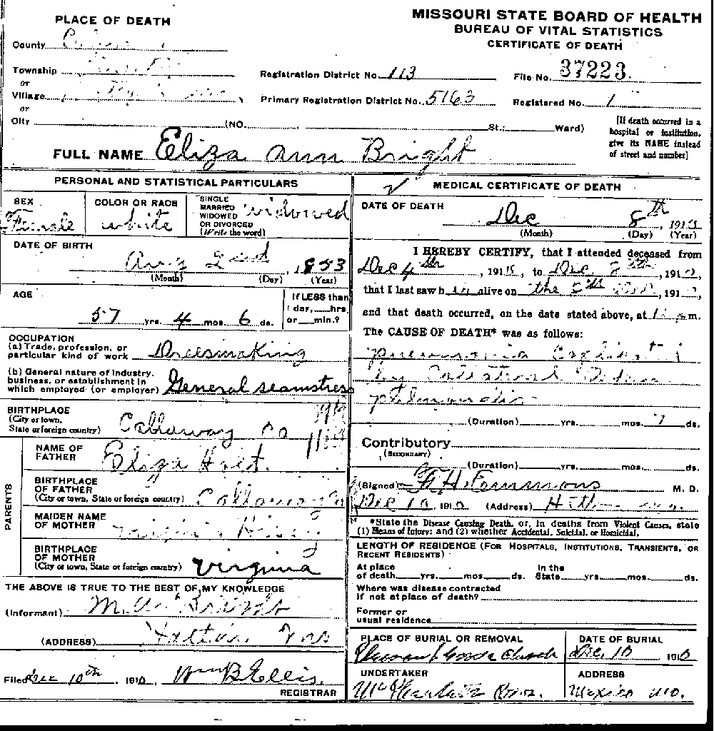 Death Certificate of Bright, Eliza Annie Holt
