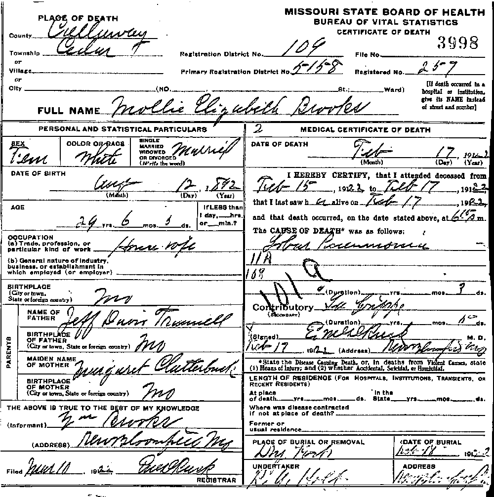 Death Certificate of Brooks, Mollie Elizabeth Trammell
