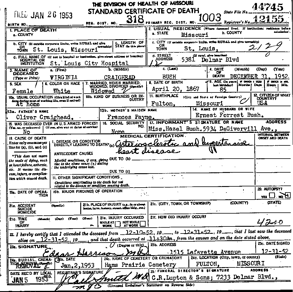Death Certificate of Bush, Virginia Craighead