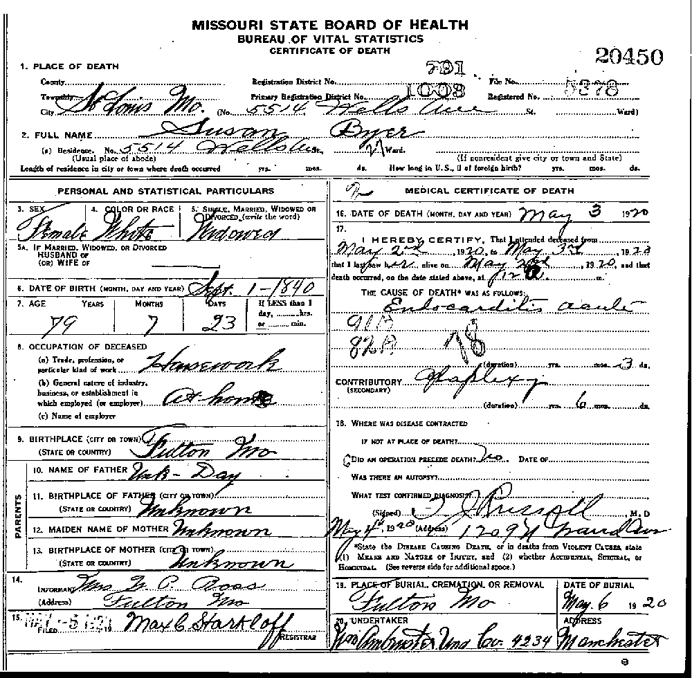 Death Certificate of Byers, Susan Day