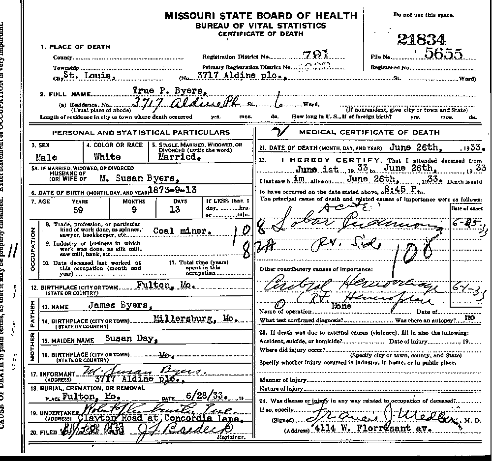 Death Certificate of Byers, Truman P.