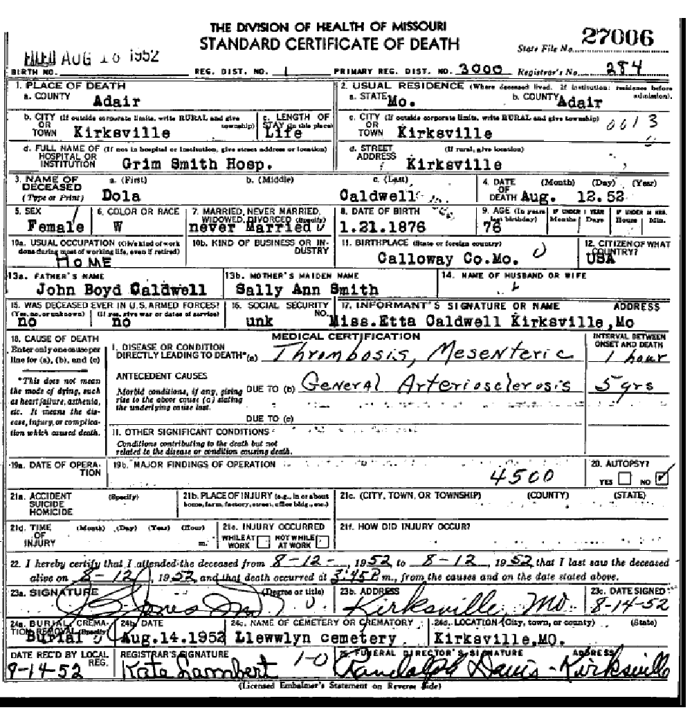 Death certificate of Caldwell, Dola Mabel