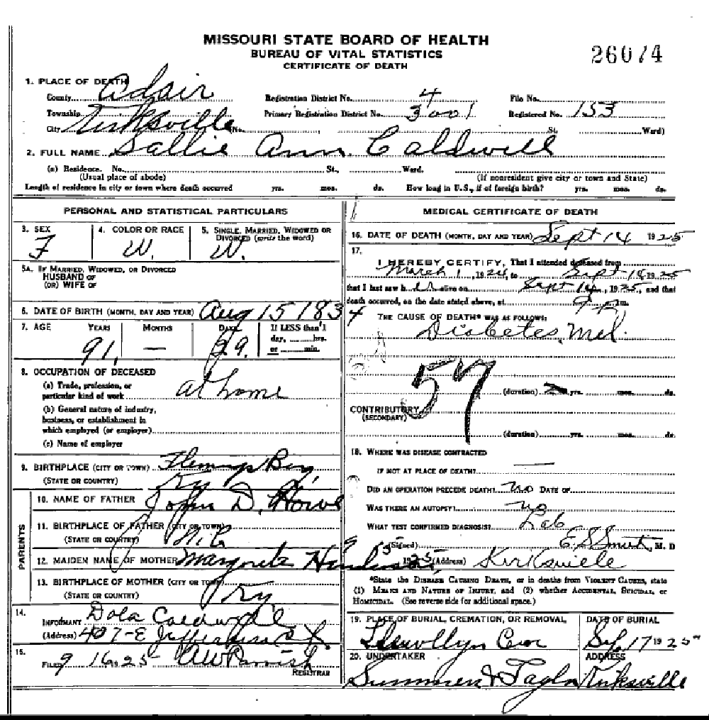 Death certificate of Caldwell, Sarah Sallie Ann Howe