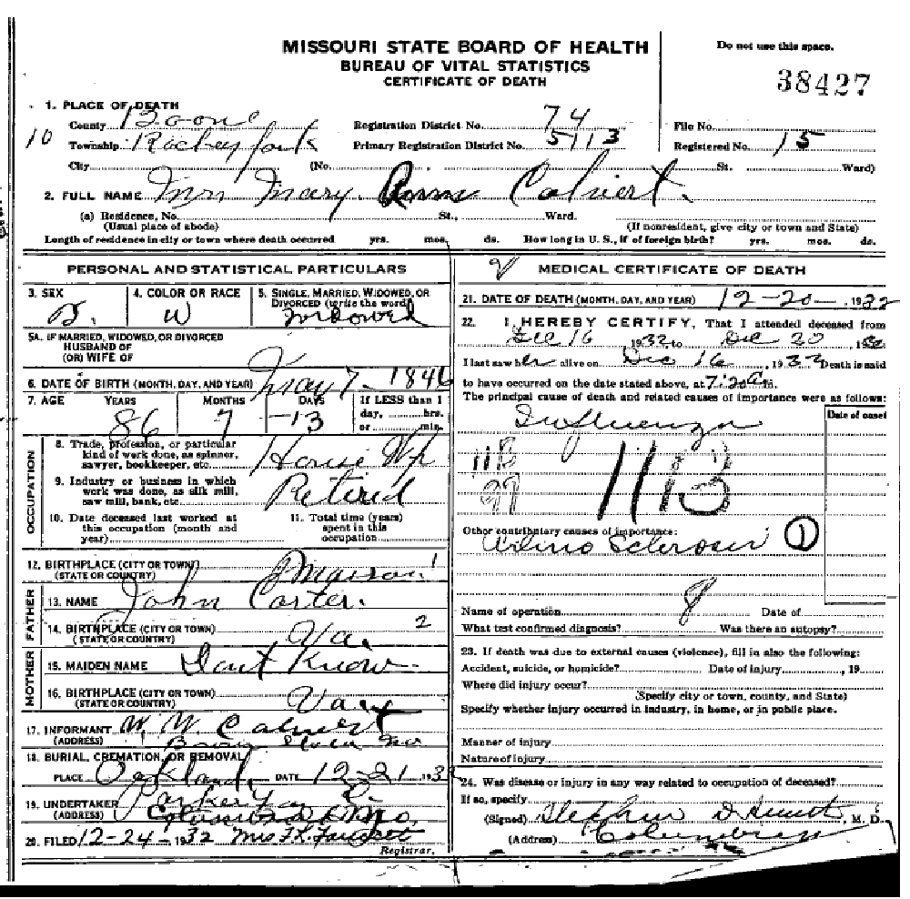 Death certificate of Calvert, Mary Ann Mariah Carter
