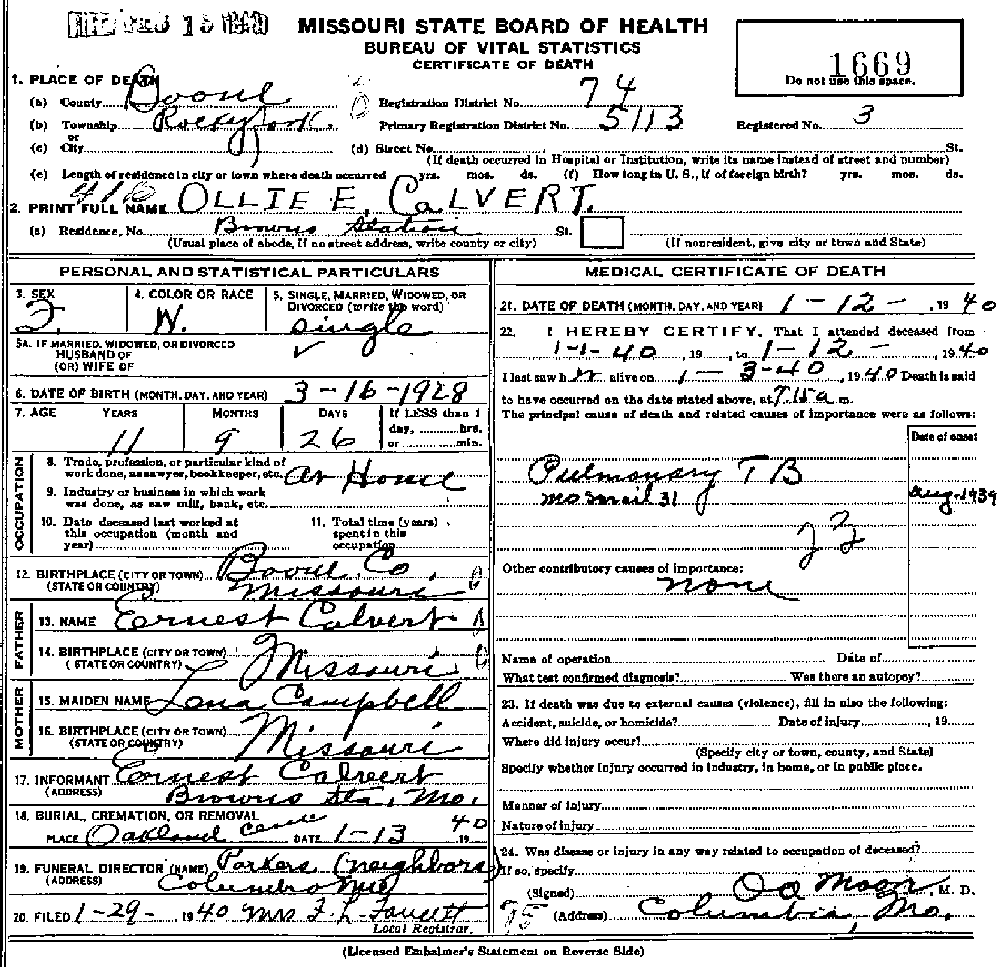 Death Certificate of Calvert, Ollie Elizabeth