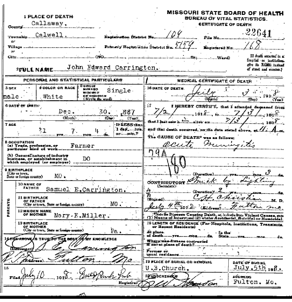 Death certificate of Carrington, John Edward