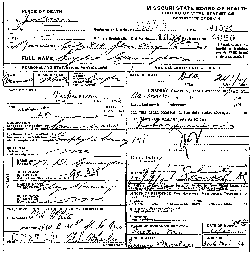 Death Certificate of Carrington, Lydia M.