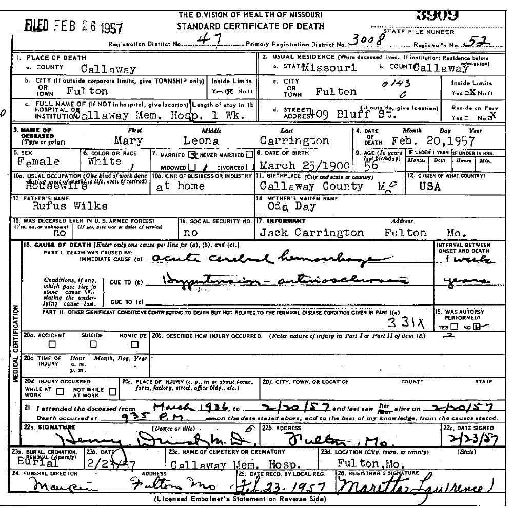 Death Certificate of Carrington, Mary Leona Wilks
