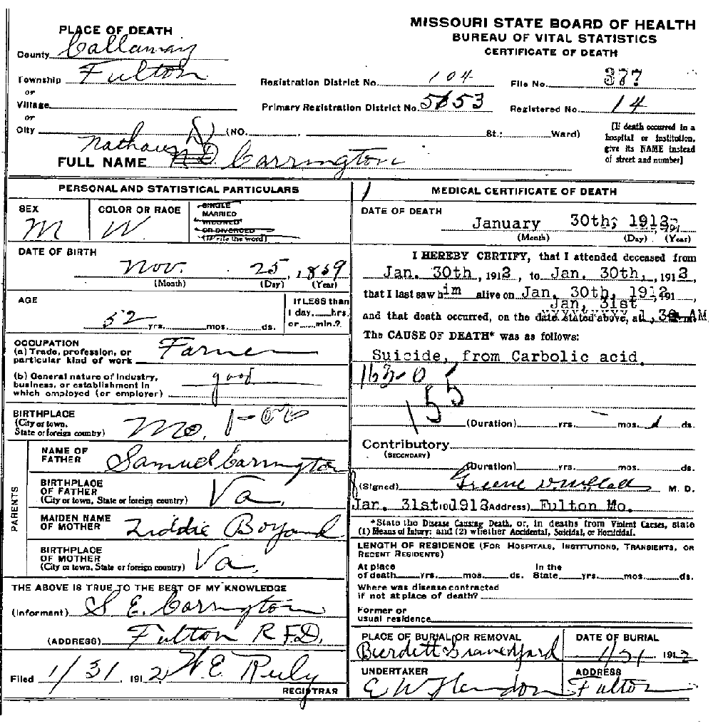 Death certificate of Carrington, Nathaniel Dillard