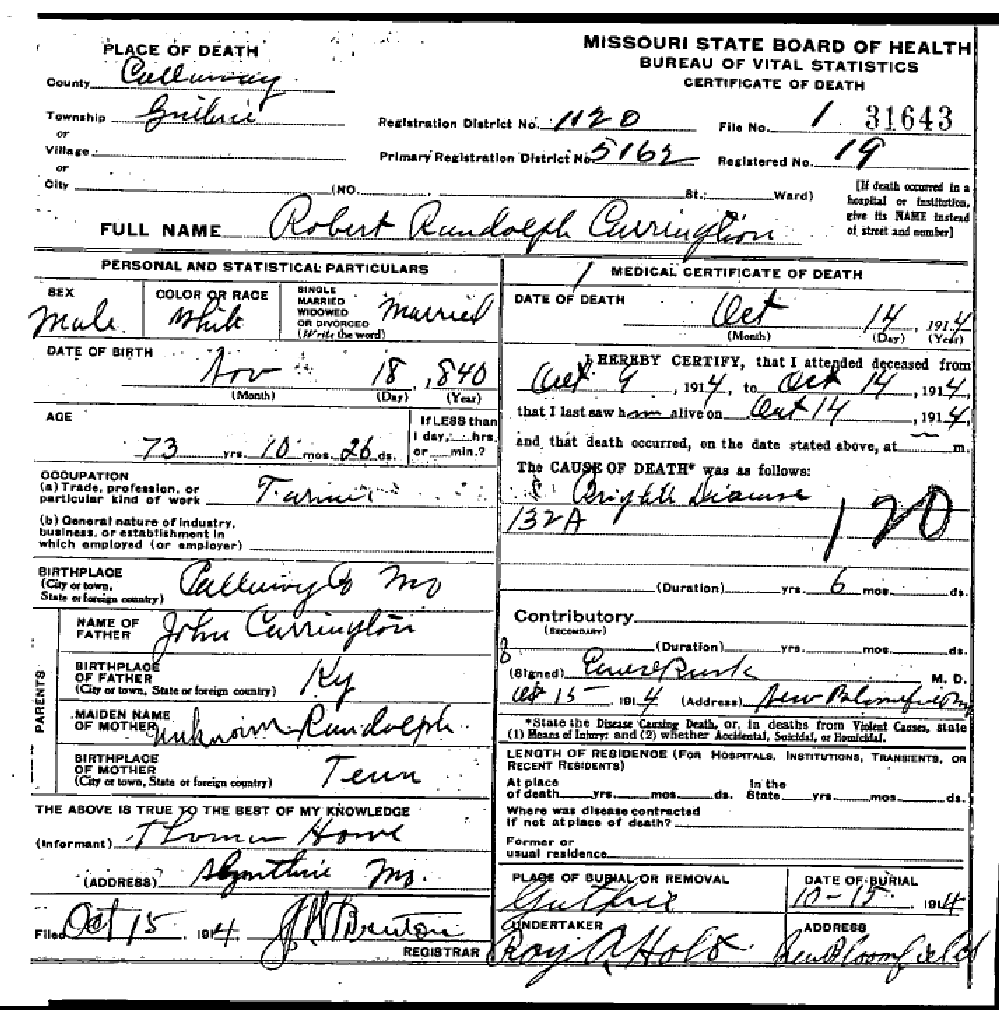 Death certificate of Carrington, Robert Randolph