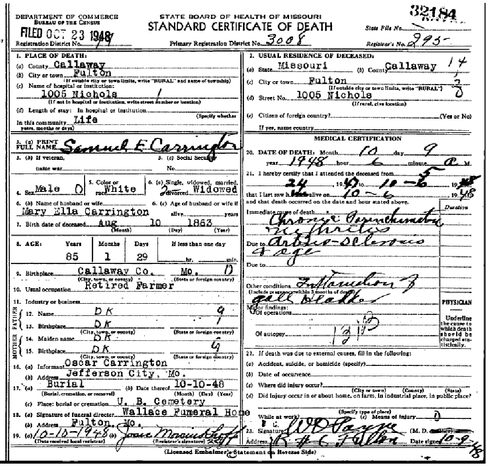 Death certificate of Carrington, Samuel Edwin