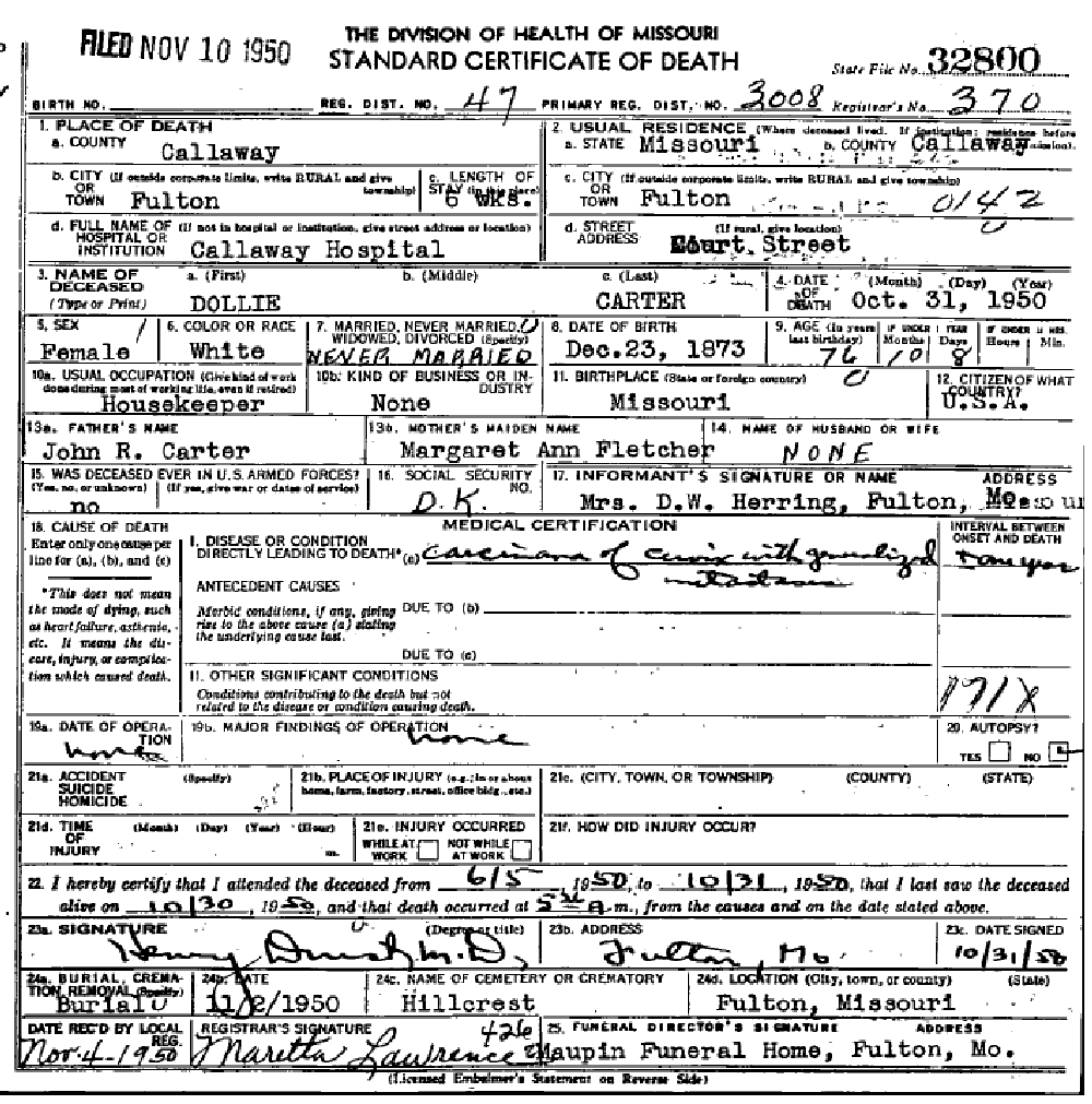 Death certificate of Carter, Dorothy Dollie