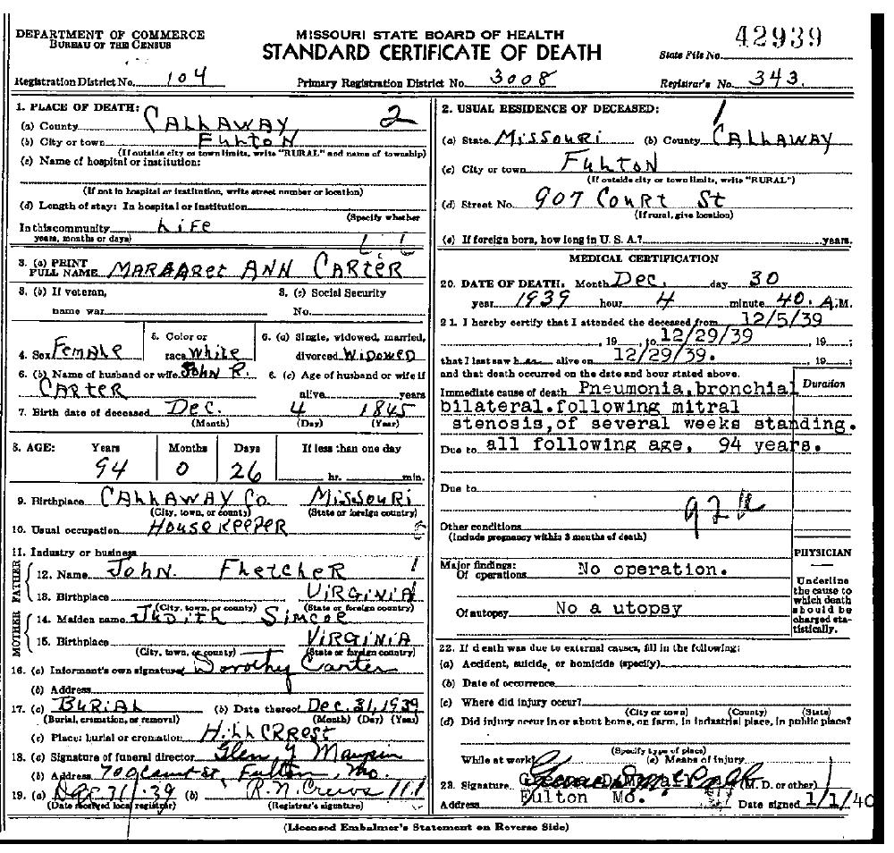 Death Certificate of Carter, Margaret Ann Fletcher