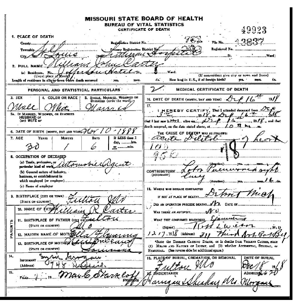 Death certificate of Carter, William John