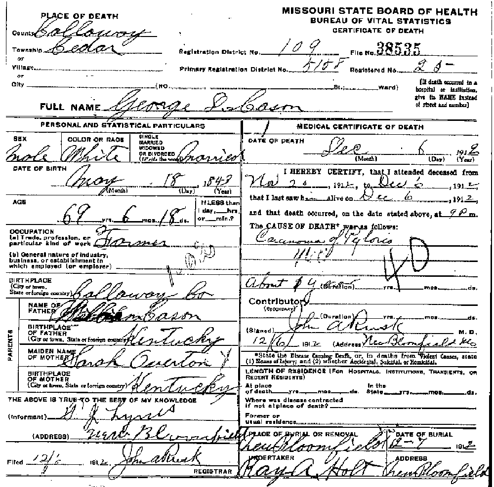 Death Certificate of Cason, George Dudley