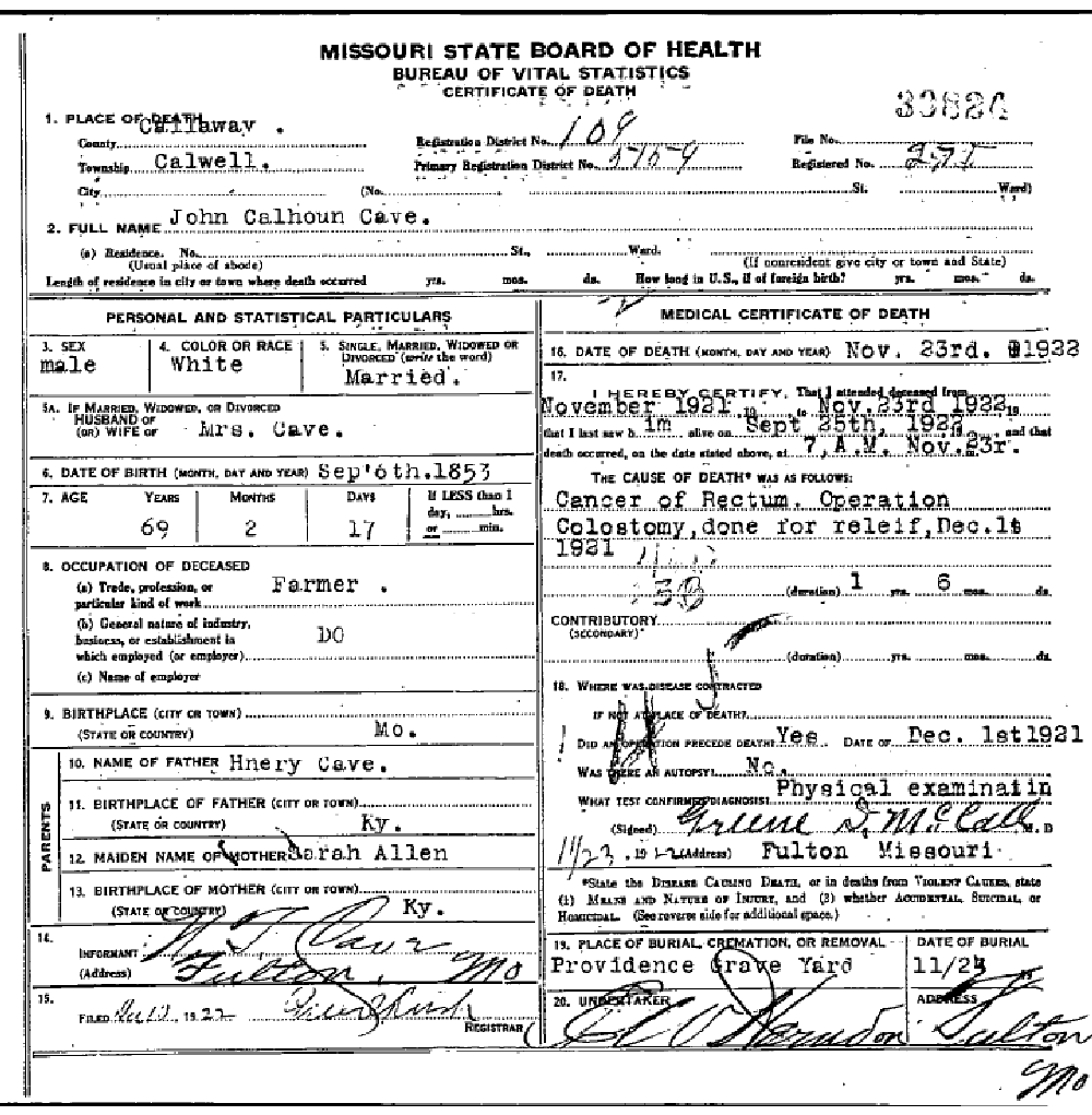 Death certificate of Cave, John Calhoun