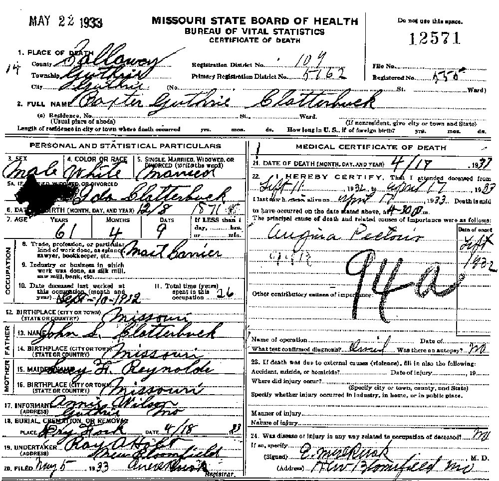 Death Certificate of Clatterbuck, Baxter Guthrie