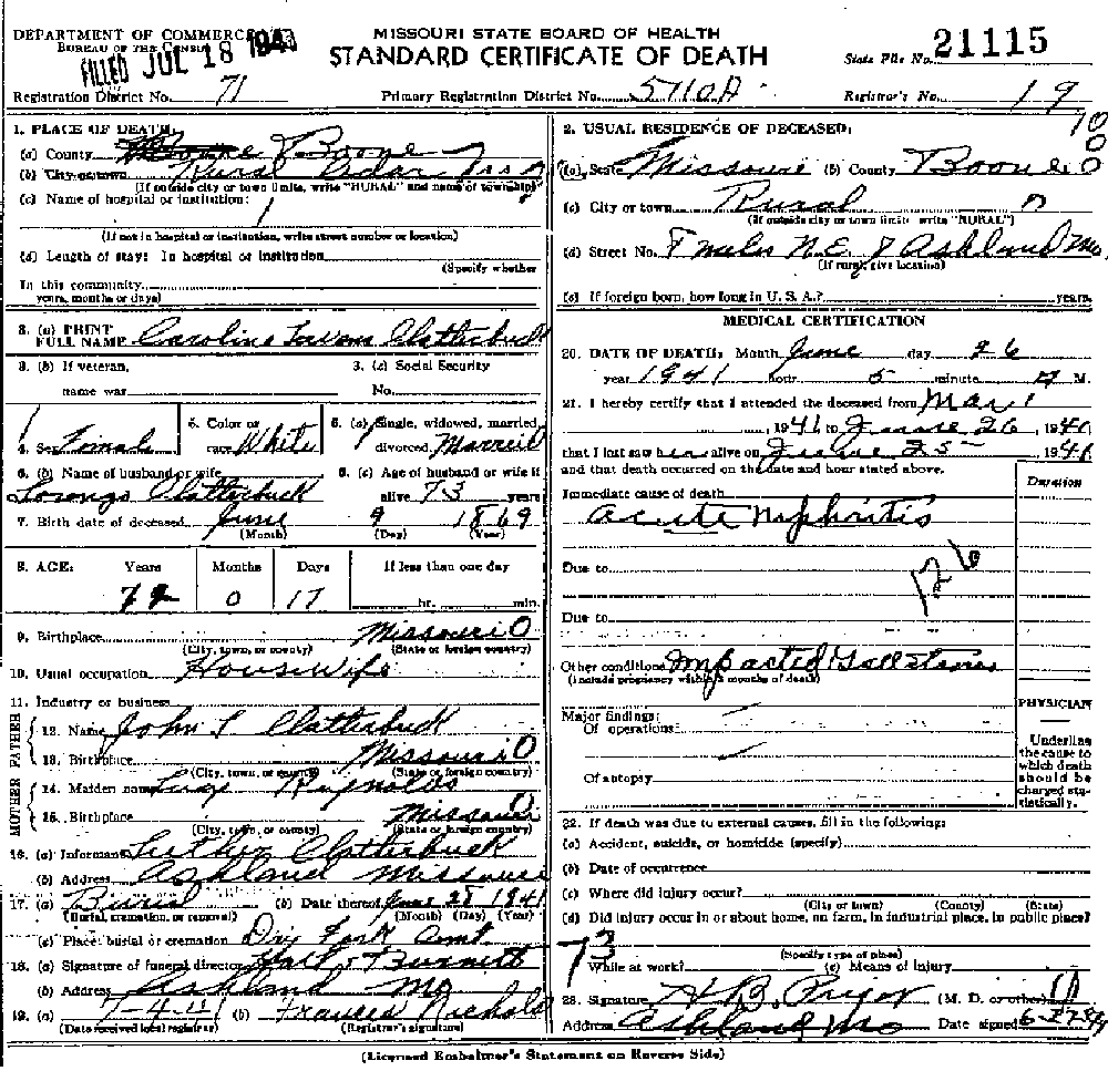Death Certificate of Clatterbuck, Caroline Levina Clatterbuck