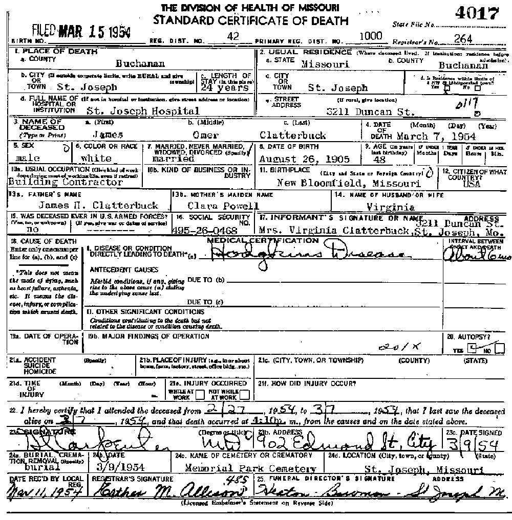 Death Certificate of Clatterbuck, James Omer