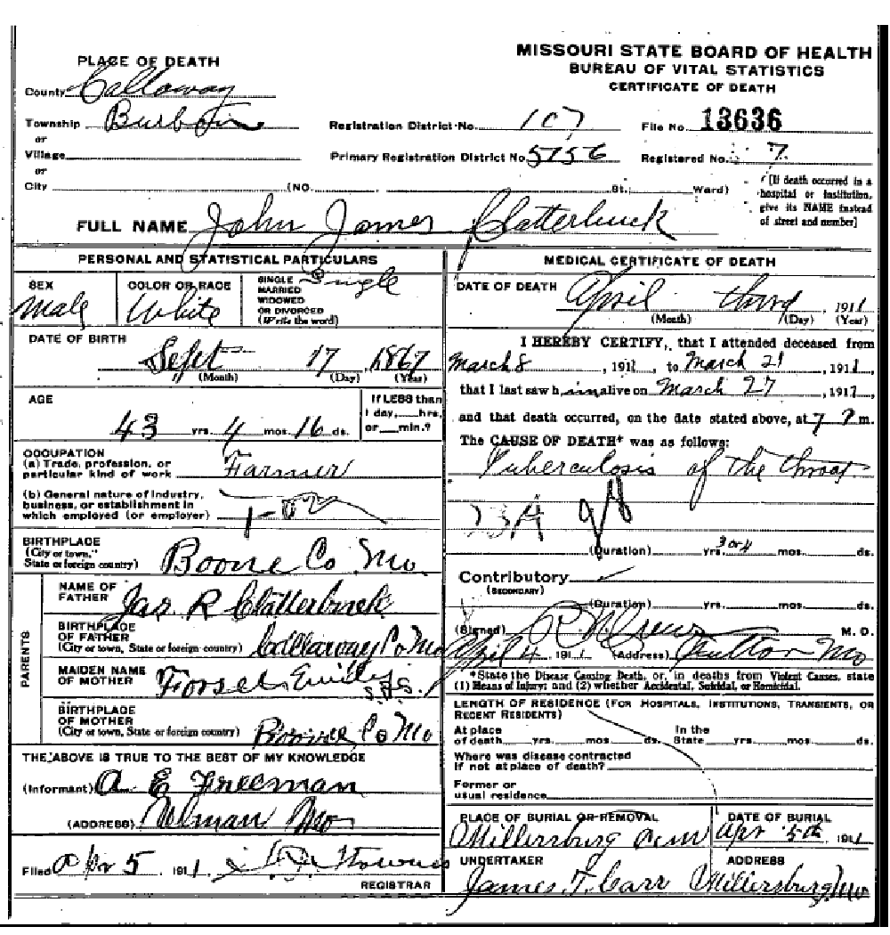 Death certificate of Clatterbuck, John James