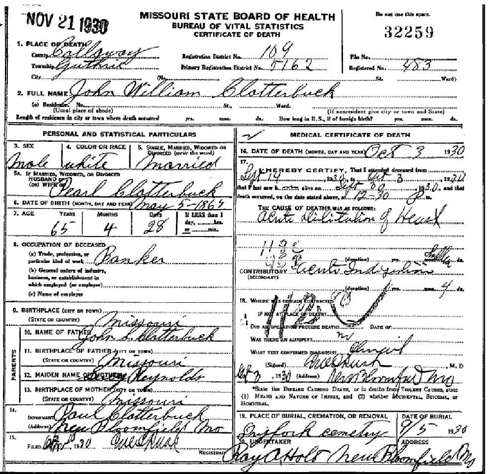 Death certificate of Clatterbuck, John William